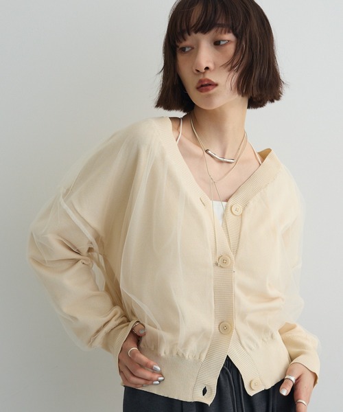 セール】チュールドッキングVネックニットカーディガン（カーディガン