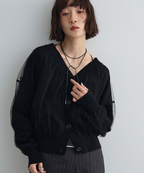 セール】チュールドッキングVネックニットカーディガン（カーディガン