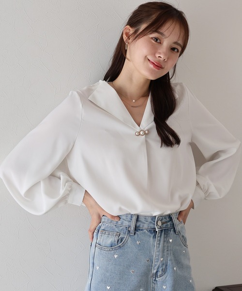 未使用　パールブラウス　36 clear｜肩パールオーガンジー七分袖ブラウス≪2024SS