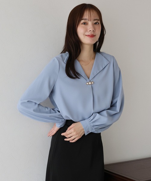 未使用　パールブラウス　36 clear｜肩パールオーガンジー七分袖ブラウス≪2024SS