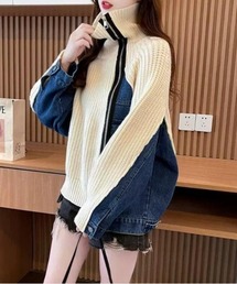 デニムパネルツインジッパーカーディガン