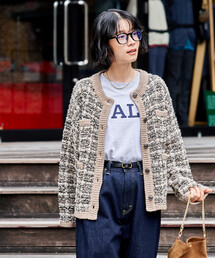 しん　DRAWER ツイードノーカラーニットジャケット　カーディガン ミックス ツイード ノーカラー ニット ジャケット ―ウォッシャブル―