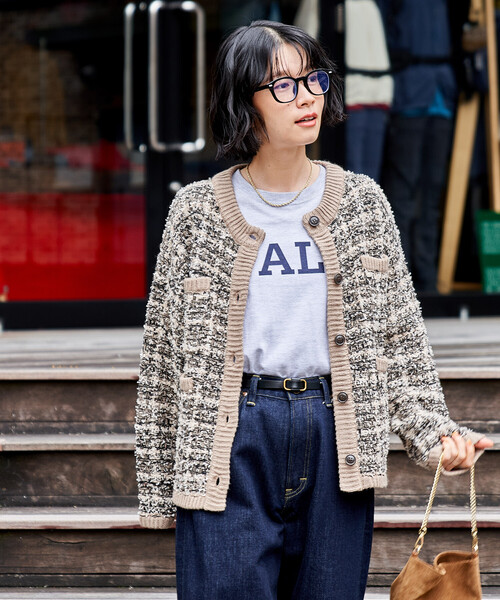 ツイーディー ニットジャケット/ツイード ライク ノーカラー