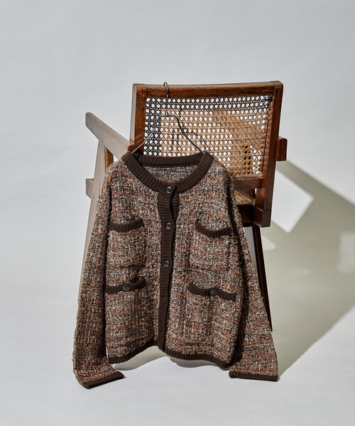 ツイーディー ニットジャケット/ツイード ライク ノーカラー