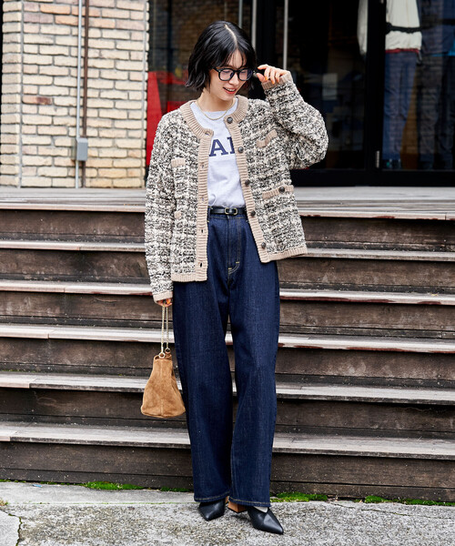 セール】ツイーディー ニットジャケット/ツイード ライク ノーカラー