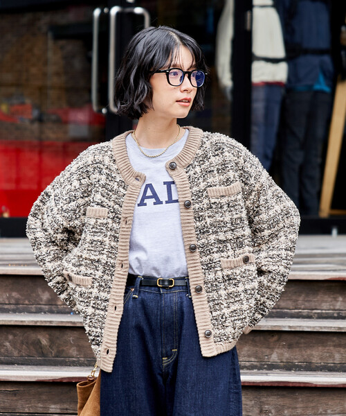 セール】ツイーディー ニットジャケット/ツイード ライク ノーカラー