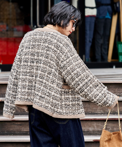 セール】ツイーディー ニットジャケット/ツイード ライク ノーカラー
