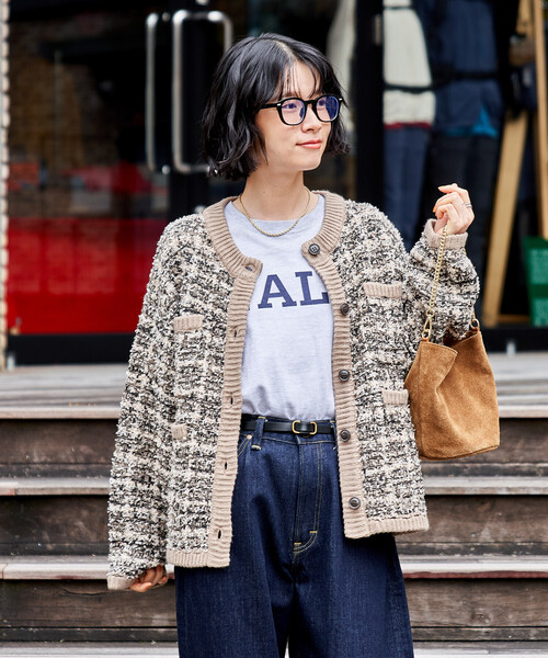 未使用 foufou 23AW ニットツイードノーカラージャケット カーディガン ツイーディー ニットジャケット/ツイード ライク ノーカラー