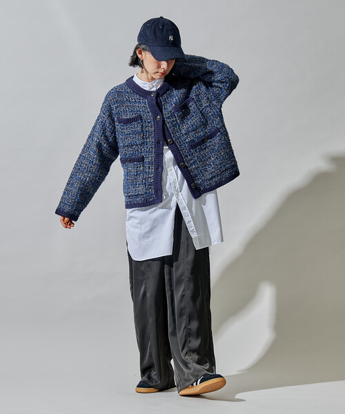 セール】ツイーディー ニットジャケット/ツイード ライク ノーカラー