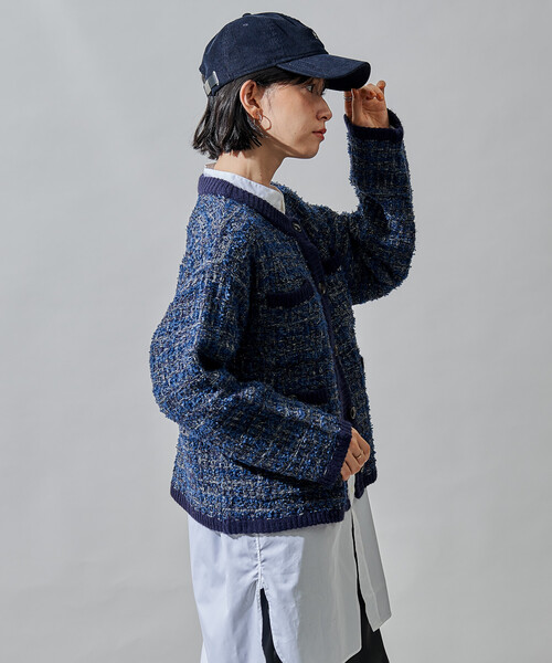 セール】ツイーディー ニットジャケット/ツイード ライク ノーカラー
