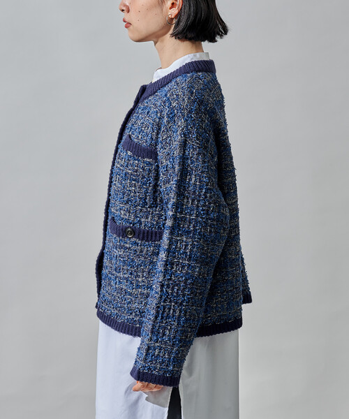 しん DRAWER ツイードノーカラーニットジャケット カーディガン しん