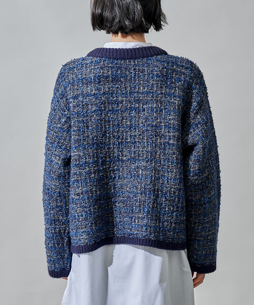 ツイーディー ニットジャケット/ツイード ライク ノーカラー