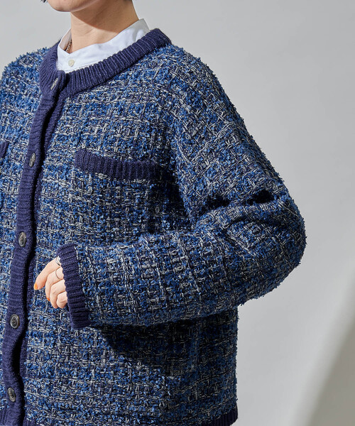 ツイーディー ニットジャケット/ツイード ライク ノーカラー