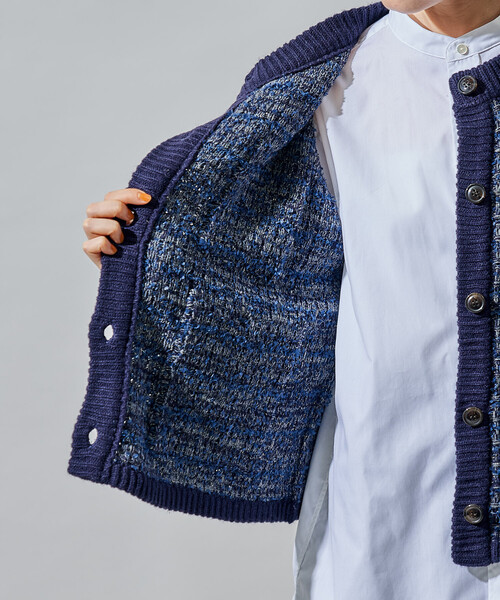 セール】ツイーディー ニットジャケット/ツイード ライク ノーカラー