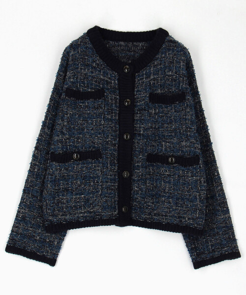 セール】ツイーディー ニットジャケット/ツイード ライク ノーカラー