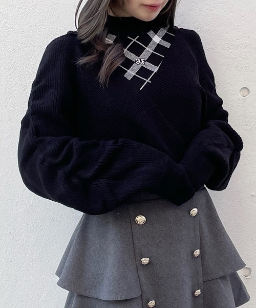 abc une face(アーベーセーアンフェイス)の「シャーリング袖カシュクールニット(ニット/セーター・レディース・ブラック/ブルー/レッド/ホワイト/ブラック系その他/グレー系その他・FREE)」の5枚目の写真