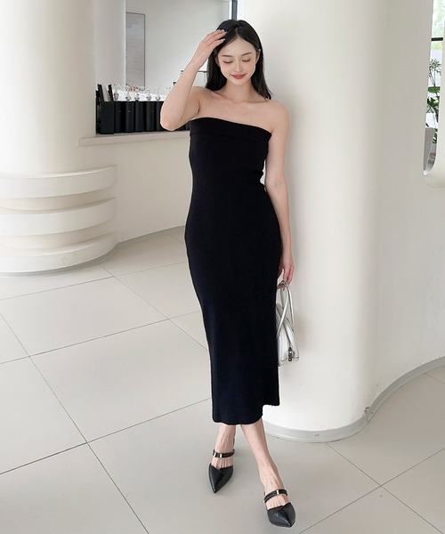 Jasmine Grandiflorum(ジャスミングランディフローラム)の「【Jasmine】ニットチューブワンピース+ロングカーディガン(セットアップ・レディース・ブラック/グレー・FREE)」の5枚目の写真