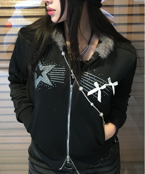 セール】ファー付きY2Kダブルジップアップパーカー（パーカー）｜Vini