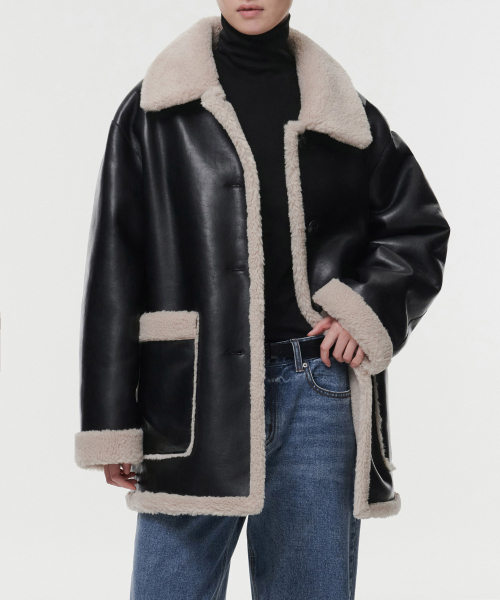 HIS MISS ムートンコート 黒 シープスキン ジュン 90sビンテージ Women's Reversible Synthetic Leather Shearling Half Coat [Black