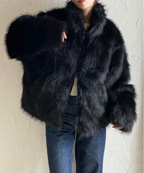 セール】スタンドカラーミドル丈ダブルジップフェイクファージャケット