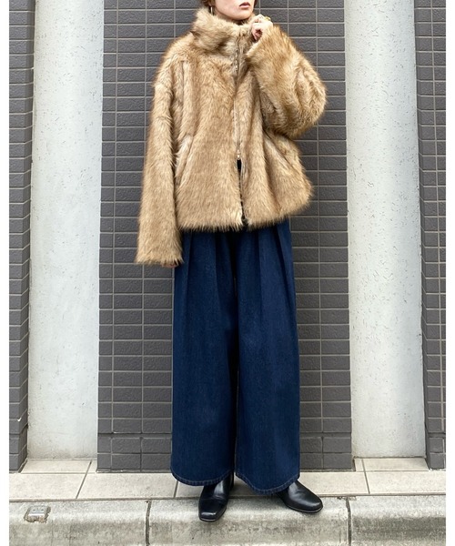 セール】スタンドカラーミドル丈ダブルジップフェイクファージャケット