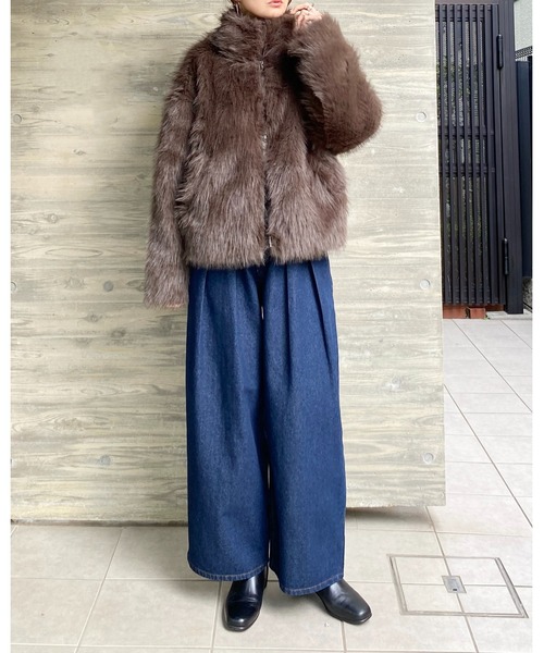 セール】スタンドカラーミドル丈ダブルジップフェイクファージャケット