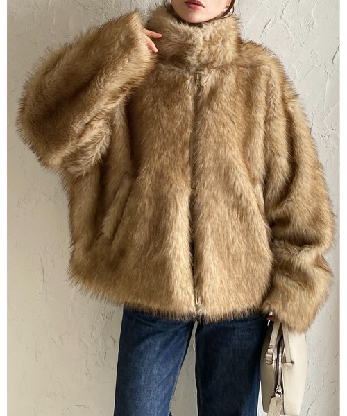 スタンドカラーミドル丈ダブルジップフェイクファージャケット　ブラウン系 セール】スタンドカラーミドル丈ダブルジップフェイクファージャケット