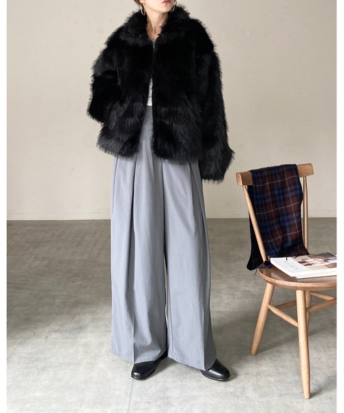 セール】スタンドカラーミドル丈ダブルジップフェイクファージャケット