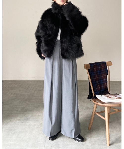 セール】スタンドカラーミドル丈ダブルジップフェイクファージャケット