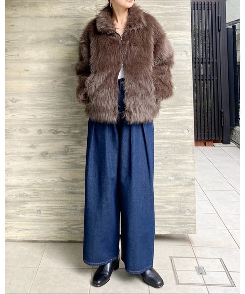 セール】スタンドカラーミドル丈ダブルジップフェイクファージャケット