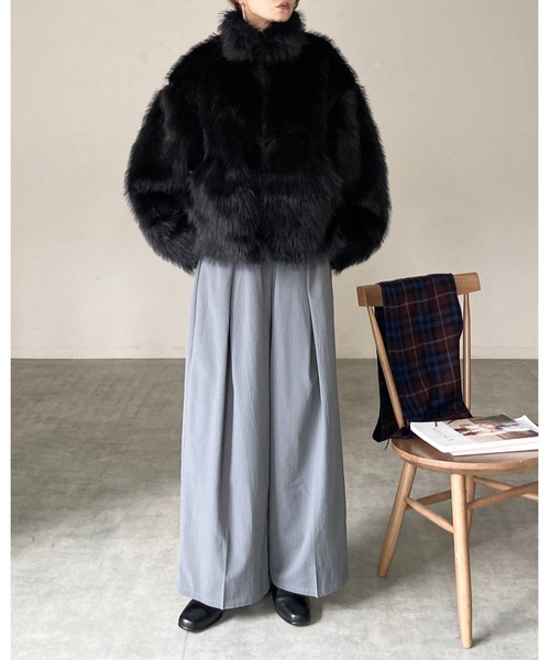 セール】スタンドカラーミドル丈ダブルジップフェイクファージャケット