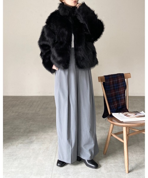 セール】スタンドカラーミドル丈ダブルジップフェイクファージャケット