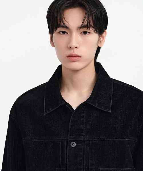 MUSINSA STANDARD（ムシンサスタンダード）の「ベルベットリラックスドデニムトラッカージャケット[ブラック]（デニムジャケット・メンズ・その他・MEDIUM/LARGE/X-LARGE/XX-LARGE）」の4枚目の写真