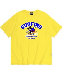 ブルーサーフィンキャットグラフィックTシャツ - イエロー
