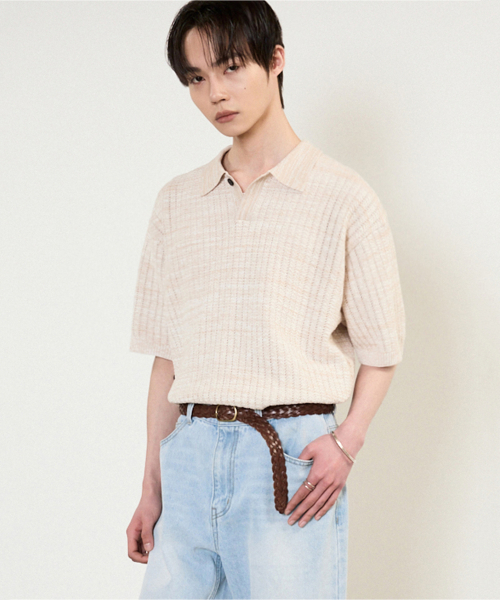 Crochet Polo Knit Top (Melange Beige) TNSW5E205I2