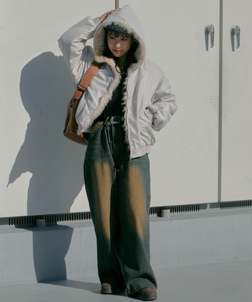 Chick（チック）の「Faux Fur Padded Jacket / 中綿入り マウンテンカービング ワークジャケット（ダウンジャケット/コート・レディース・ブラック/ライトグレー・FREE）」の21枚目の写真