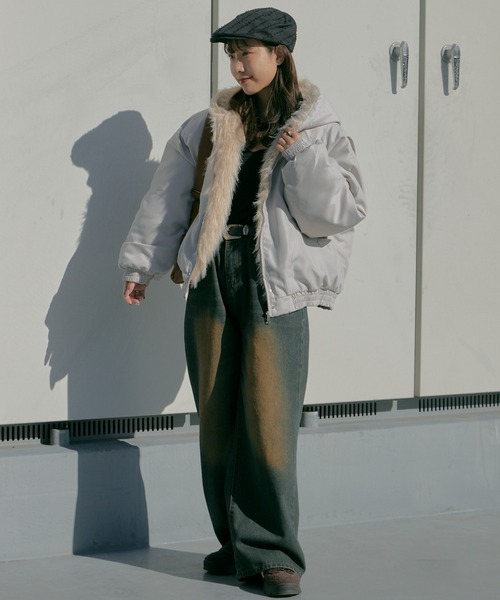 Chick（チック）の「Faux Fur Padded Jacket / 中綿入り マウンテンカービング ワークジャケット（ダウンジャケット/コート・レディース・ブラック/ライトグレー・FREE）」の19枚目の写真