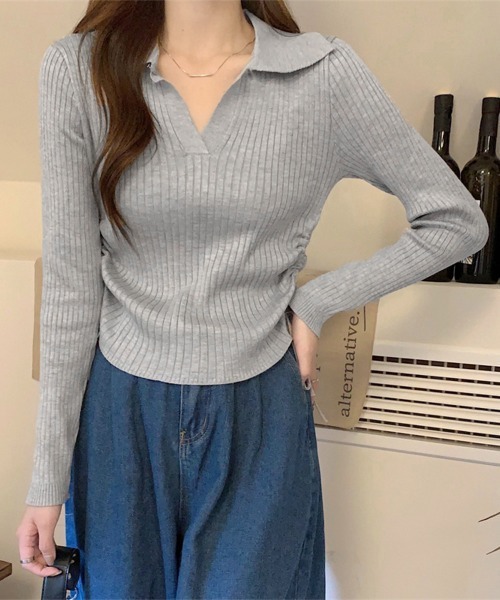 Miniministore(ミニミニストア)の「ポロニットドローストリングリブニット薄手(ニット/セーター・レディース・ライトグレー/ブラック系1/ブラック/オリーブ/ブラウン/ホワイト・FREE)」の4枚目の写真