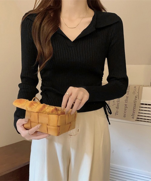 Miniministore(ミニミニストア)の「ポロニットドローストリングリブニット薄手(ニット/セーター・レディース・ライトグレー/ブラック系1/ブラック/オリーブ/ブラウン/ホワイト・FREE)」の2枚目の写真