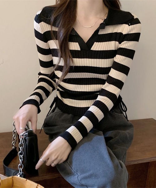 Miniministore(ミニミニストア)の「ポロニットドローストリングリブニット薄手(ニット/セーター・レディース・ライトグレー/ブラック系1/ブラック/オリーブ/ブラウン/ホワイト・FREE)」の8枚目の写真