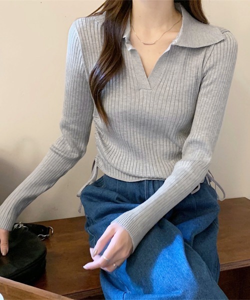 Miniministore(ミニミニストア)の「ポロニットドローストリングリブニット薄手(ニット/セーター・レディース・ライトグレー/ブラック系1/ブラック/オリーブ/ブラウン/ホワイト・FREE)」の11枚目の写真