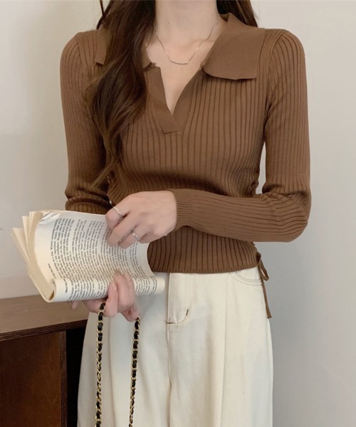 Miniministore(ミニミニストア)の「ポロニットドローストリングリブニット薄手(ニット/セーター・レディース・ライトグレー/ブラック系1/ブラック/オリーブ/ブラウン/ホワイト・FREE)」の12枚目の写真