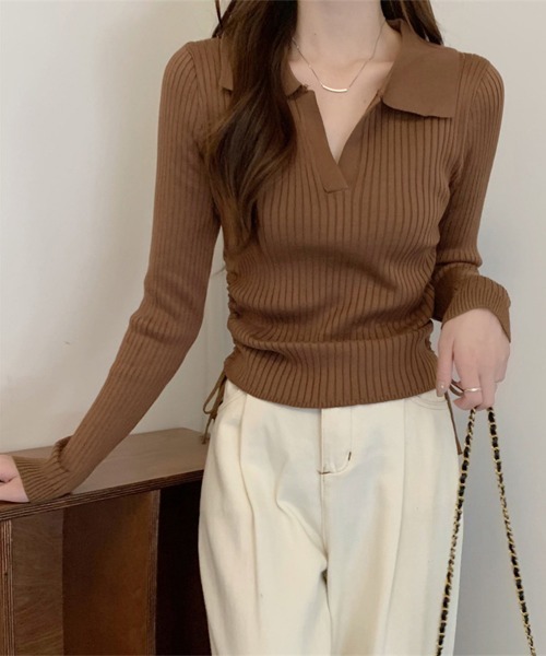 Miniministore(ミニミニストア)の「ポロニットドローストリングリブニット薄手(ニット/セーター・レディース・ライトグレー/ブラック系1/ブラック/オリーブ/ブラウン/ホワイト・FREE)」の13枚目の写真