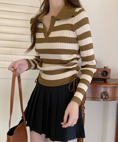 Miniministore(ミニミニストア)の「ポロニットドローストリングリブニット薄手(ニット/セーター・レディース・ライトグレー/ブラック系1/ブラック/オリーブ/ブラウン/ホワイト・FREE)」の15枚目の写真