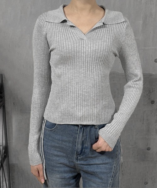 Miniministore(ミニミニストア)の「ポロニットドローストリングリブニット薄手(ニット/セーター・レディース・ライトグレー/ブラック系1/ブラック/オリーブ/ブラウン/ホワイト・FREE)」の16枚目の写真