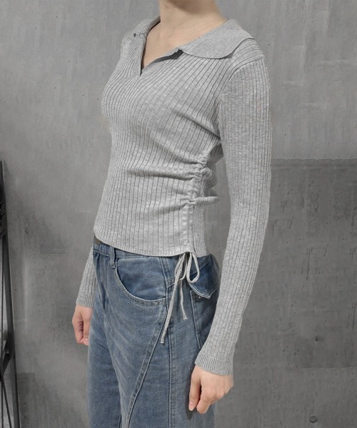 Miniministore(ミニミニストア)の「ポロニットドローストリングリブニット薄手(ニット/セーター・レディース・ライトグレー/ブラック系1/ブラック/オリーブ/ブラウン/ホワイト・FREE)」の17枚目の写真
