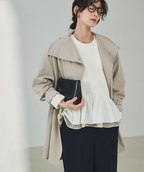 qualite（カリテ）の「【大人のスプリングコート】オーバースタンドコート/春服/オフィスカジュアル（トレンチコート・レディース・グレイッシュベージュ/ネイビー・36/38）」の2枚目の写真