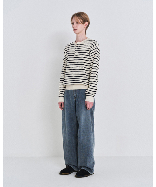 POKER FACE（ポーカーフェイス）の「CABLE STRIPE HENLEY NECK KNIT IVORY（ニット/セーター・レディース・その他・48/46/50）」の4枚目の写真