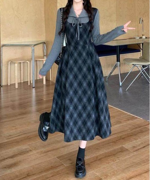 gossip!ロサンゼルス(ゴシップロサンゼルス)の「Y2K レトロ チェック柄 配色 ティアード ワンピース(ワンピース・レディース・チェック・M)」の5枚目の写真