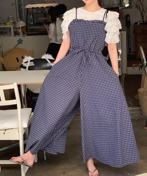 チェック柄フリルワイドサロペットパンツ